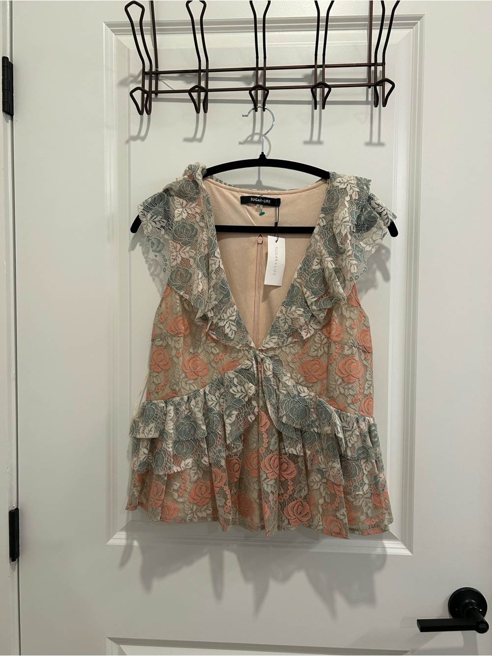 Sugarlips Lace Ruffle V-Neck Camisole in Peach & Sage